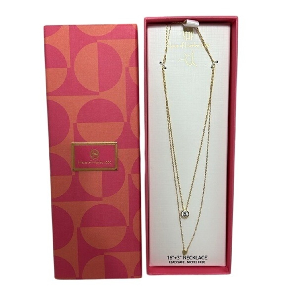 House of Harlow 1960 Gold Tone Layered Heart Cubic Zirconia Necklace 16+3in NIB